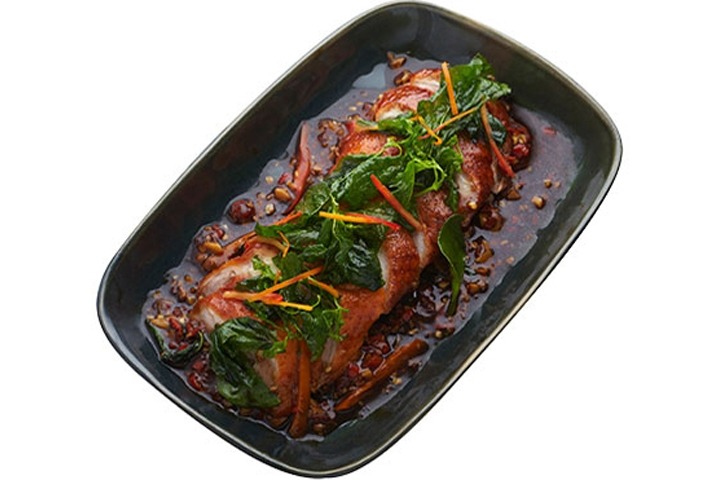 MEAT DISHES "Ped Yang Kraprao Krob"... Grilled Duck with Crispy Hot Basil - SiamBangkokMap